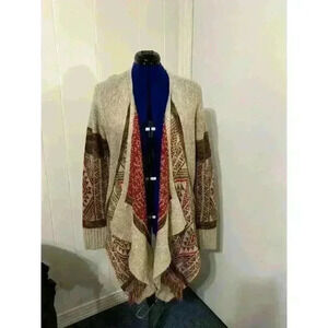 Lucky Cardigan Aztec Southwestern Fringe Asymetrical Open Sweater Womens  Large